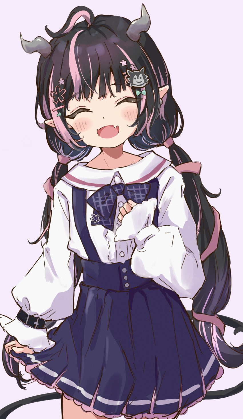 1girl, absurdres, ahoge, black_bow, black_bowtie, black_hair, black_skirt, blush