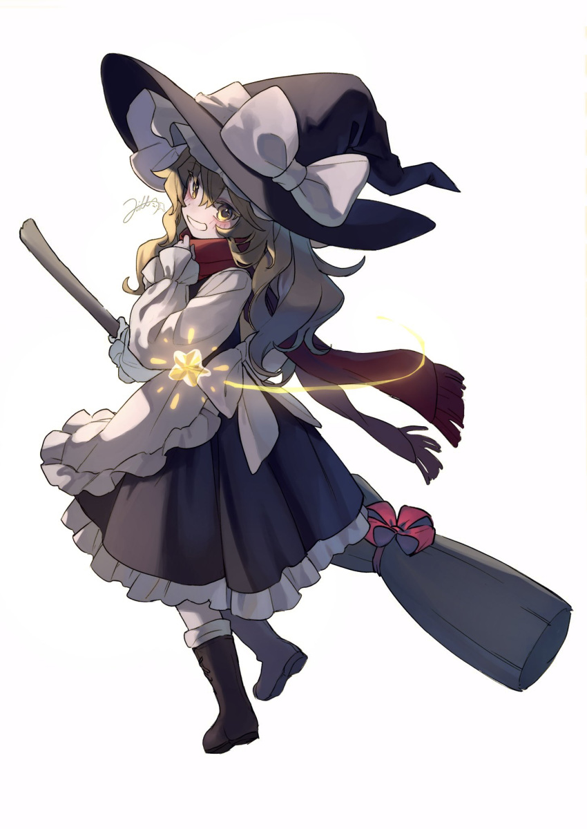 1girl, apron, back_bow, black_headwear, black_skirt, black_vs_white, blonde_hair, bow, broom, brown_footwear, commentary_request, cross-laced_footwear, frilled_apron, frilled_bow, frilled_skirt, frilled_sleeves, frills, full_body, grin, hat, hat_bow, highres, holding, holding_broom, kirisame_marisa, long_sleeves, looking_at_viewer, niru_05, red_scarf, scarf, shirt, simple_background, skirt, skirt_set, smile, solo, touhou, waist_apron, white_apron, white_background, white_bow, white_shirt, witch, witch_hat, yellow_eyes