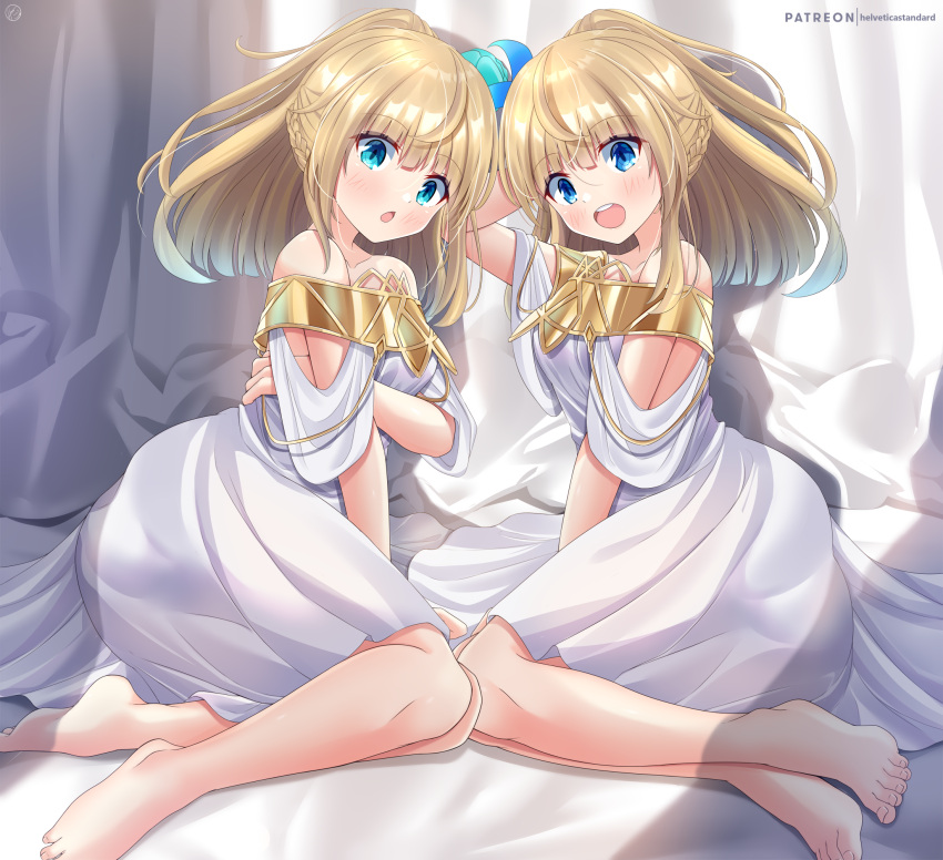 2girls, arm_behind_head, bare_legs, bare_shoulders, barefoot, blonde_hair, blue_eyes, braid, breasts, dress, eyebrows_hidden_by_hair, hair_between_eyes, hand_on_own_hip, helvetica_std, highres, light_blush, medium_hair, multiple_girls, on_bed, open_mouth, runa_(beast_tamer), siblings, sitting, small_breasts, sora_(beast_tamer), strapless, strapless_dress, teeth, toes, twins, upper_teeth_only, white_dress, yokozuwari, yuusha_party_wo_tsuihou_sareta_beast_tamer_saikyoushu_no_nekomimi_shoujo_to_deau