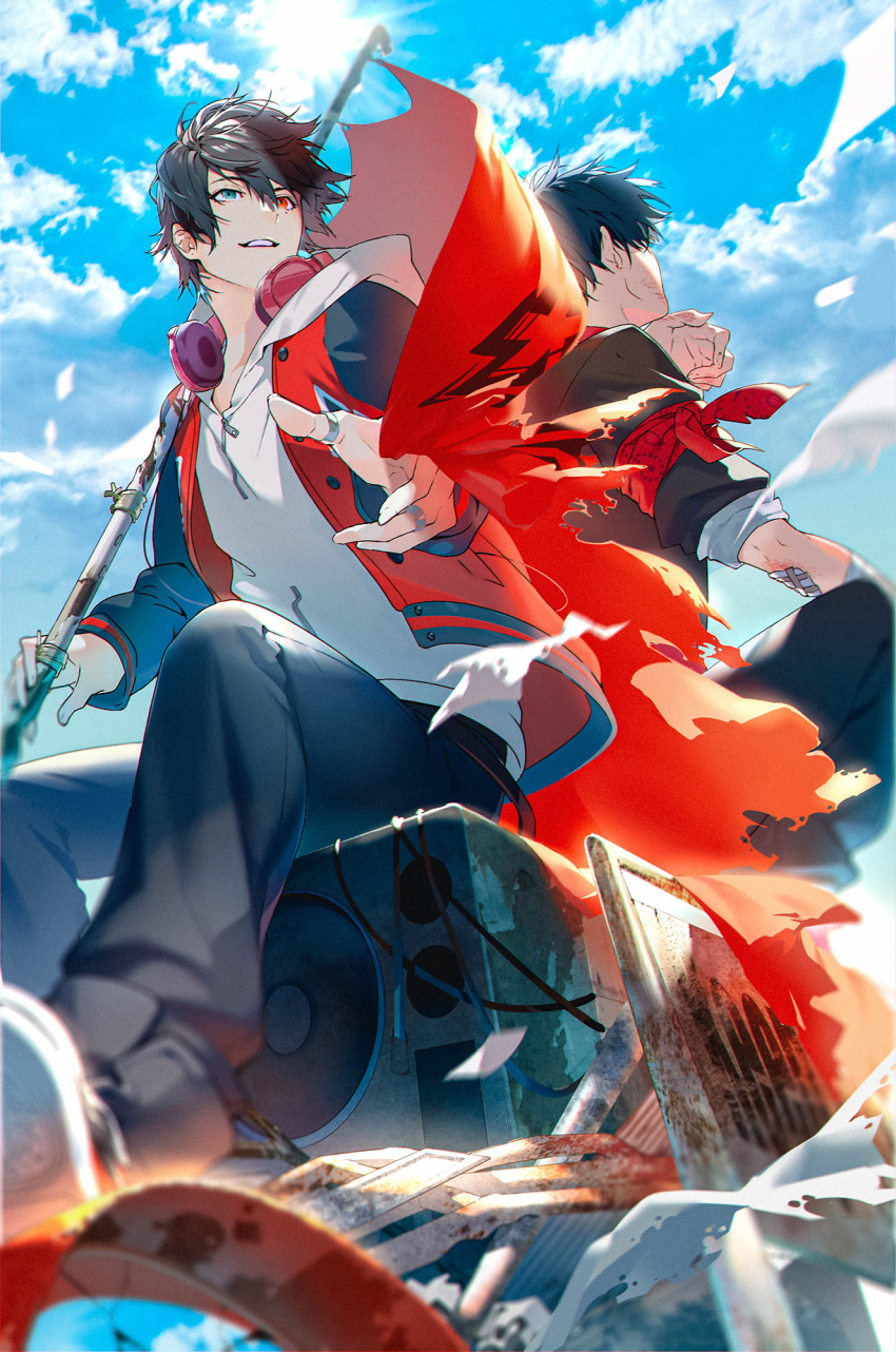2boys, black_hair, black_pants, blue_eyes, blue_sky, flag, from_below, hair_between_eyes
