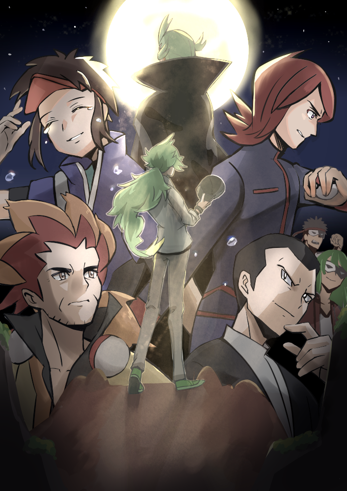 1girl, 6+boys, alder_(pokemon), black_hair, brown_hair, father_and_son, ghetsis_(pokemon), giovanni_(pokemon)