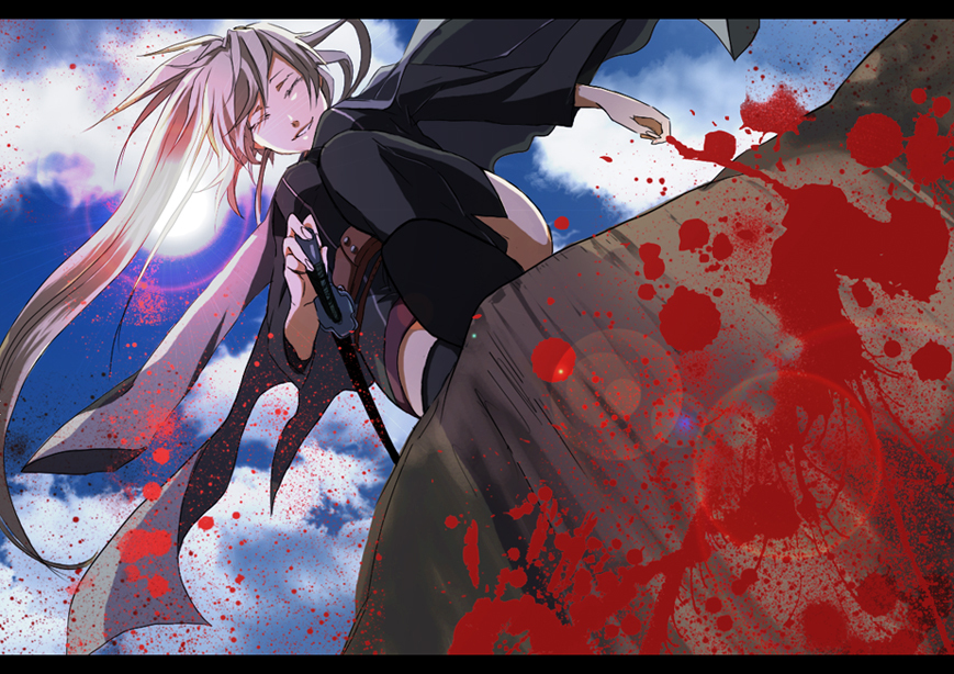 bad_id, blood, bloom, closed_eyes, jagajaga, japanese_clothes, karasuba, long_hair, looking_down, ponytail, sekirei, silver_hair, smile, solo, sword, weapon