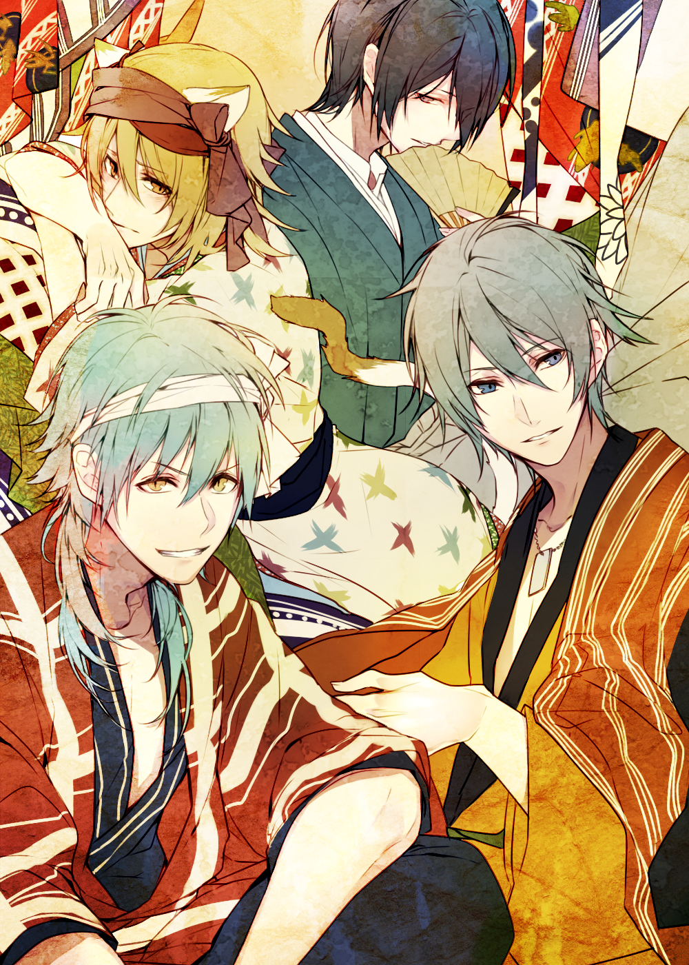 4boys, akira_(togainu_no_chi), animal_ears, bandaged_head, bandages, bishounen, black_hair, blonde_hair