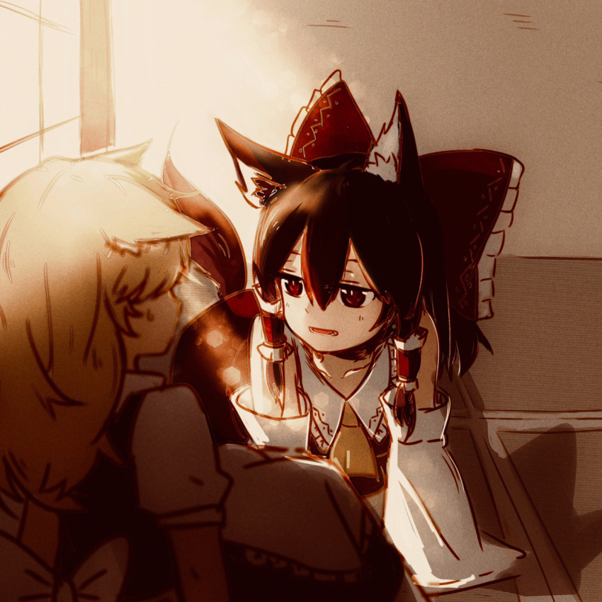2girls, animal_ears, ascot, blonde_hair, bow, brown_hair, commentary_request, detached_sleeves