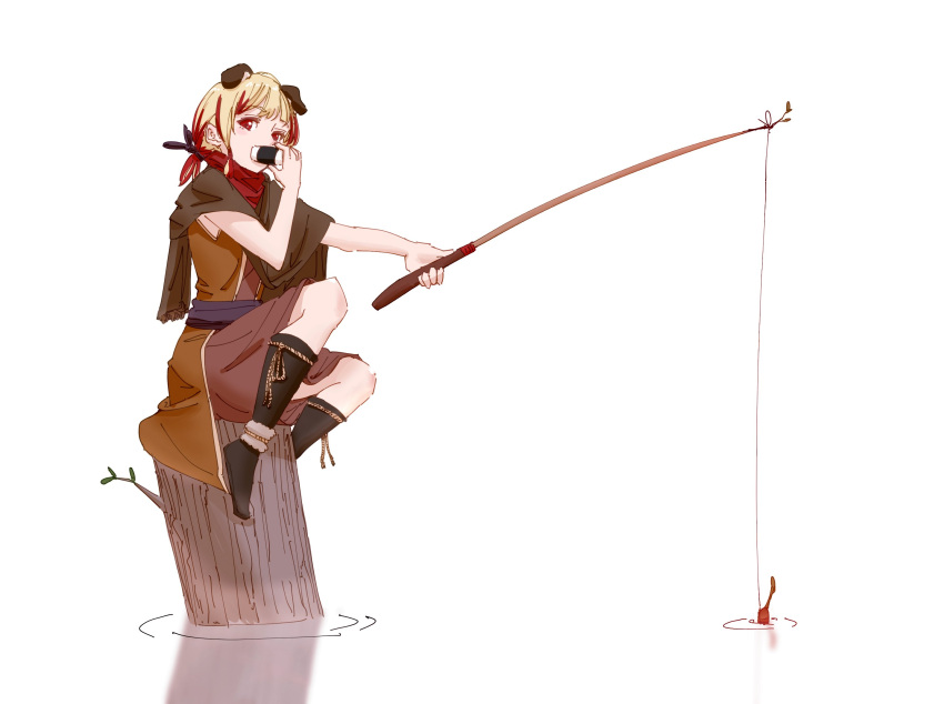 1girl, animal_ears, bandana, black_footwear, blonde_hair, boots, brown_dress, brown_scarf