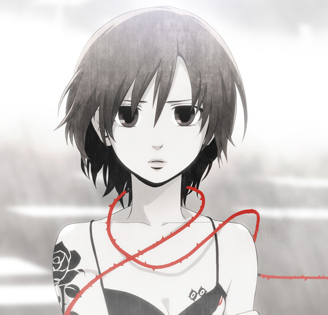 brown_hair, doutoku_no_jukai_(vocaloid), fog, forest_of_moral_(vocaloid), meiko, short_hair, solo, spot_color