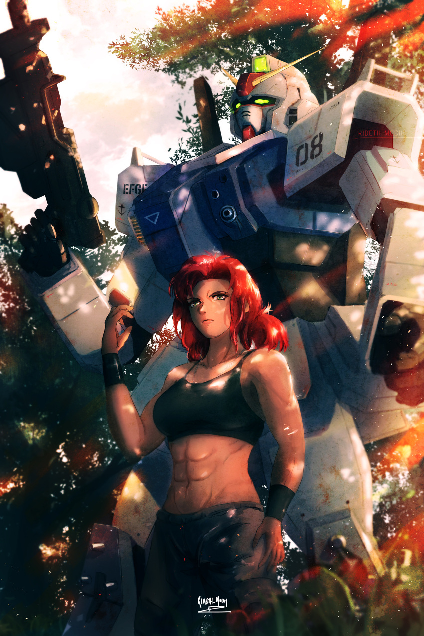 1girl, abs, absurdres, armband, assault_rifle, breasts, dark_skin, forest