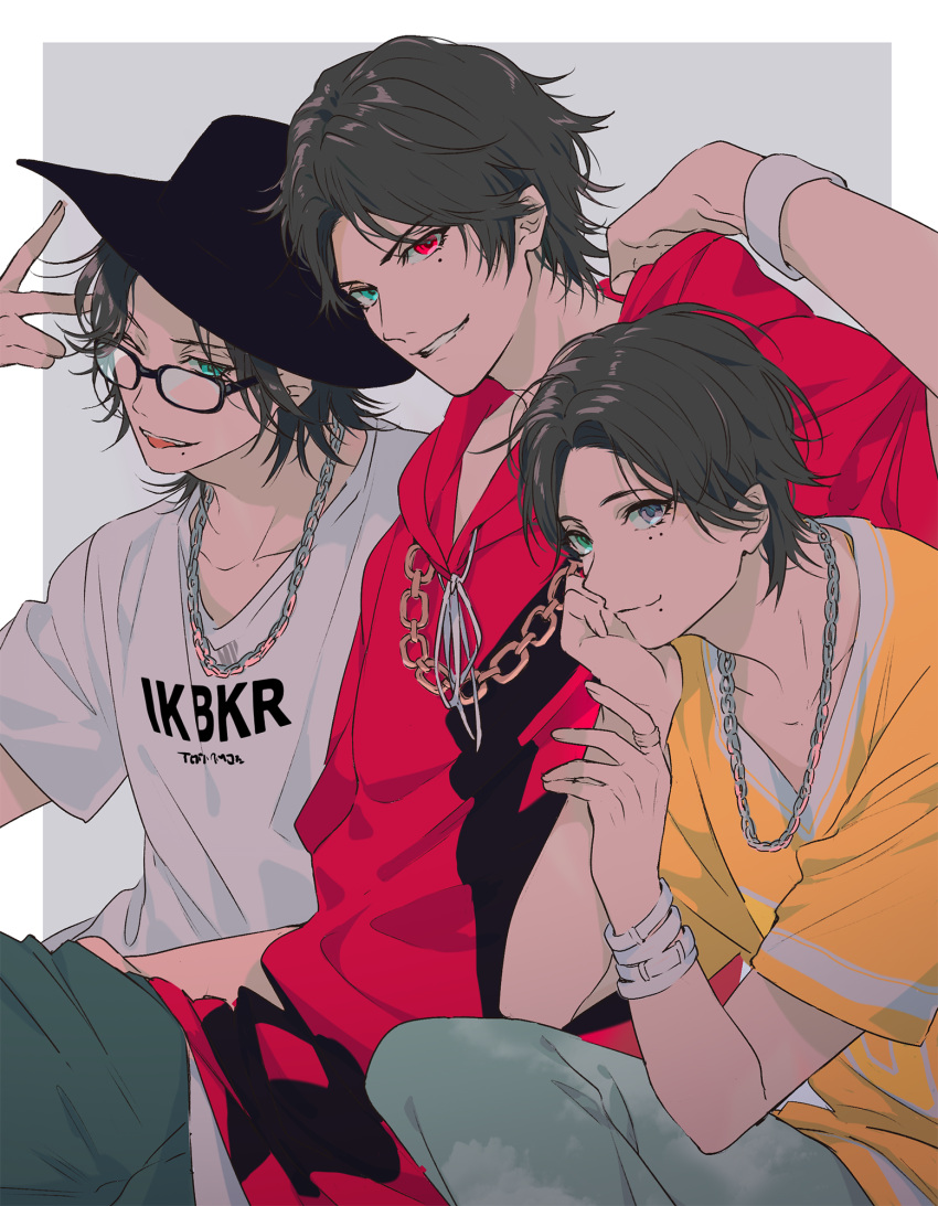 3boys, black_hair, blue_eyes, border, brothers, buster_bros!!!, chain_necklace, full_body