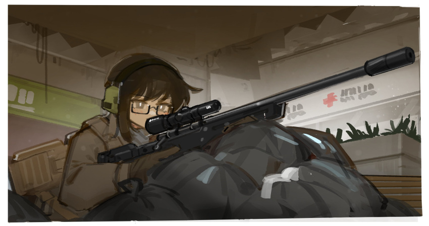 1girl, bag, bright_pupils, brown_gloves, brown_hair, escape_from_tarkov, glasses, gloves