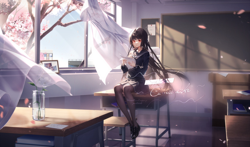 1girl, black_footwear, black_hair, black_pantyhose, black_sailor_collar, black_serafuku, black_skirt, book, chalkboard, cherry_blossoms, chinese_commentary, classroom, commission, curtains, day, desk, highres, holding, holding_paper, indoors, light_rays, loafers, long_hair, long_sleeves, on_desk, original, pantyhose, paper, parted_lips, petals, plant, pleated_skirt, red_eyes, sailor_collar, school_desk, school_uniform, serafuku, shoes, sitting, sitting_on_desk, skirt, solo, stool, tree, vase, watermark, wind, window, zirancike