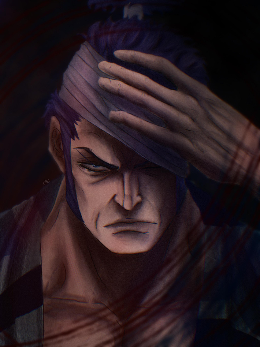 1boy, absurdres, bandaged_head, bandages, closed_mouth, commentary, covering_one_eye, hand_on_own_head