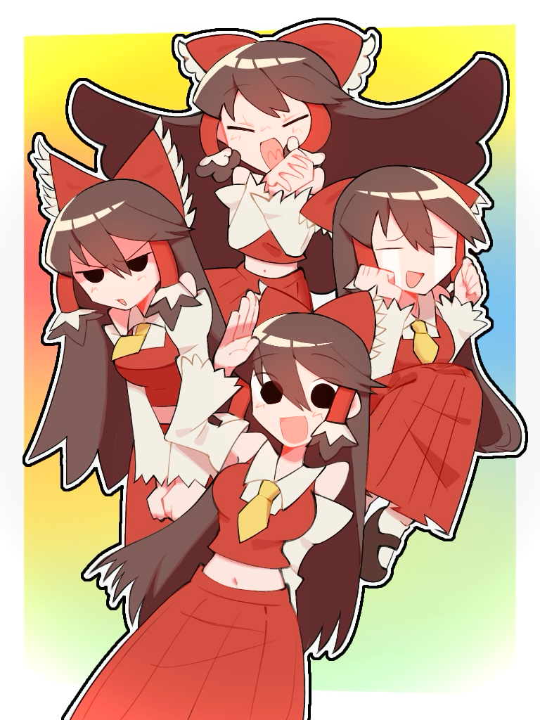 1girl, :d, arm_up, black_eyes, blush, bow, breasts, brown_hair, closed_eyes, collared_shirt, commentary_request, cookie_(touhou), cowboy_shot, crop_top, crying, detached_sleeves, empty_eyes, expressions, frilled_bow, frilled_hair_tubes, frills, hair_between_eyes, hair_bow, hair_tubes, hakurei_reimu, hitsuji_tamura, long_bangs, long_hair, looking_at_viewer, medium_breasts, multiple_views, navel, noel_(cookie), open_mouth, outline, own_hands_together, red_bow, red_shirt, red_skirt, shirt, skirt, skirt_set, sleeveless, sleeveless_shirt, smile, streaming_tears, tears, touhou, v-shaped_eyebrows, waving, white_outline, white_sleeves