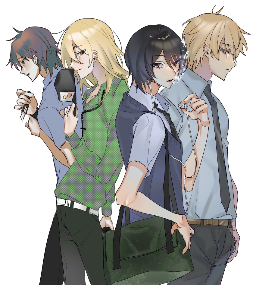 4boys, absurdres, bag, bishounen, black_hair, black_necktie, blonde_hair, brown_eyes
