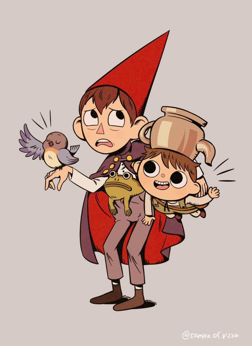 2boys, bag, bird, bluebird, cape, dot_nose, frog, gnome_hat