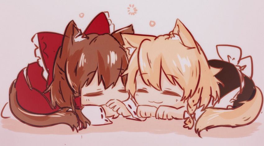 2girls, :3, animal_ear_fluff, animal_ears, blonde_hair, bow, braid, brown_hair