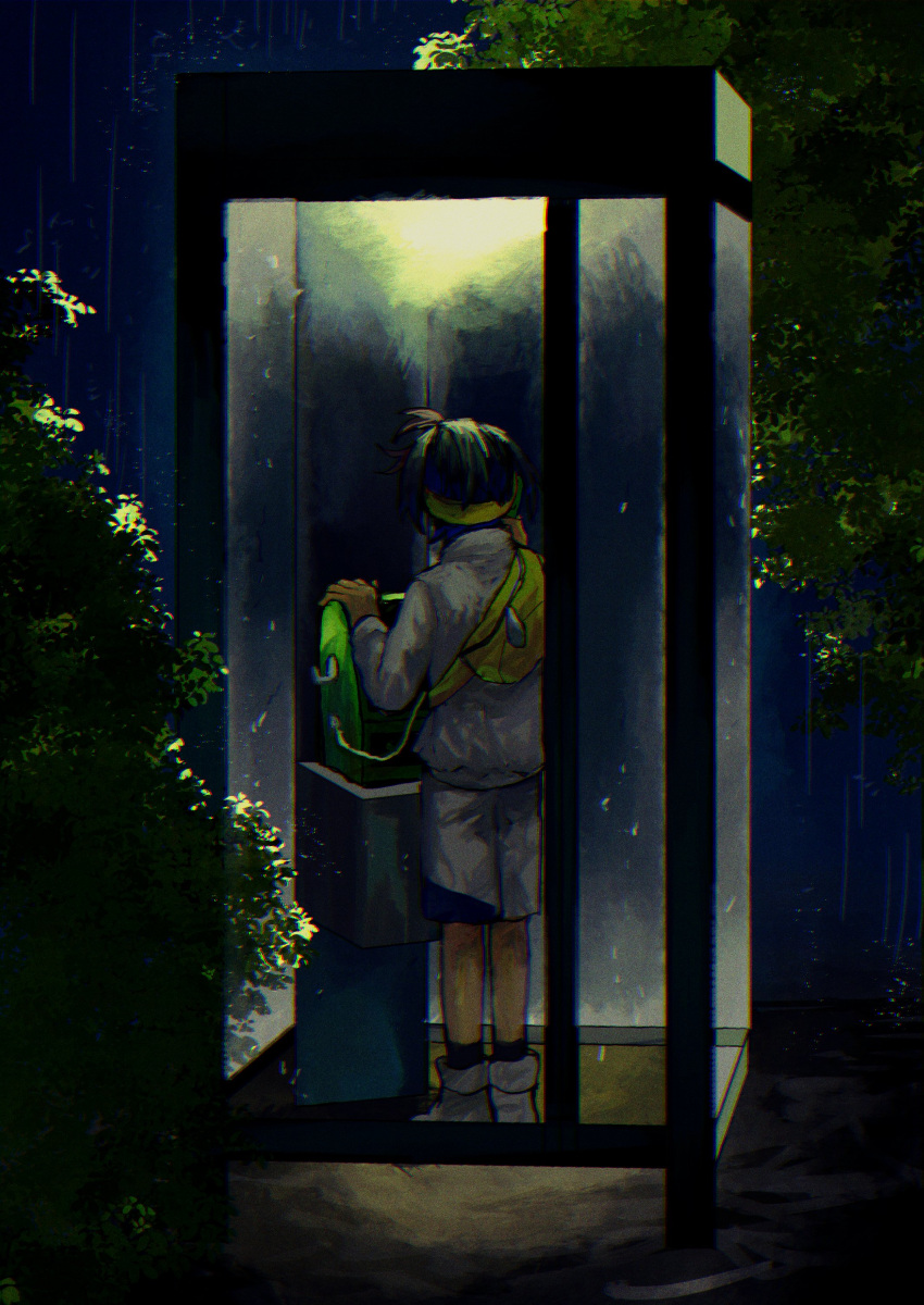 1boy, absurdres, bag, black_hair, from_behind, highres, holding, holding_phone