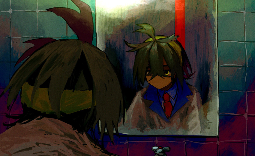 1boy, bathroom, blue_shirt, closed_mouth, collared_shirt, crossed_bangs, highres, jacket, kase_(tak0_was4bi), kieran_(pokemon), male_focus, mirror, multicolored_hair, necktie, pokemon, pokemon_sv, purple_hair, red_necktie, reflection, shirt, solo, tile_wall, tiles, upper_body, white_jacket, yellow_eyes