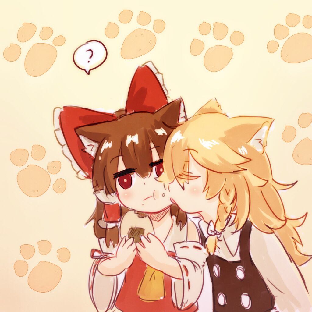 2girls, ?, animal_ear_fluff, animal_ears, ascot, black_vest, blonde_hair, bow, braid, brown_hair, cat_ears, closed_eyes, closed_mouth, commentary, detached_sleeves, food, food_on_face, frilled_bow, frilled_hair_tubes, frills, hair_bow, hair_tubes, hakurei_reimu, holding, holding_food, kirisame_marisa, licking, licking_another's_face, light_blush, long_hair, long_sleeves, multiple_girls, niangao_(8490593), no_headwear, paw_print, paw_print_background, red_bow, red_eyes, ribbon-trimmed_sleeves, ribbon_trim, senbei, side_braid, single_braid, symbol-only_commentary, touhou, vest, yellow_ascot, yuri