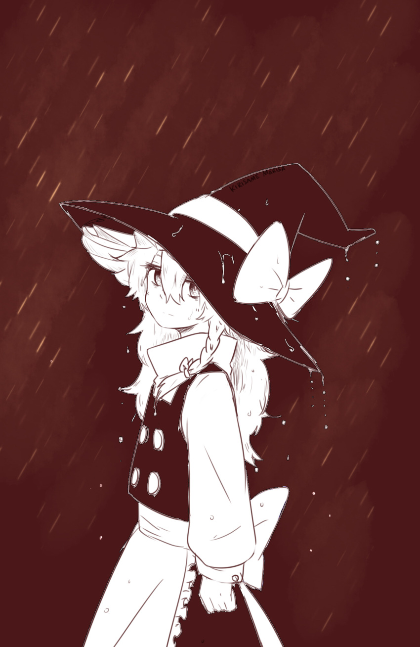 1girl, apron, bow, braid, chinese_commentary, clenched_hand, closed_mouth, commentary_request, hair_bow, hat, hat_bow, highres, kirisame_marisa, long_hair, long_sleeves, looking_at_viewer, niangao_(8490593), rain, side_braid, single_braid, solo, touhou, vest, waist_apron, water_drop, wet, wet_clothes, wet_hair, wet_hat, witch_hat