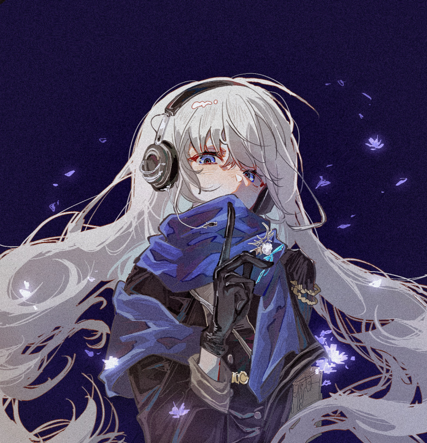 1girl, bkornblume, black_coat, black_dress, black_gloves, blue_background, blue_eyes, blue_flower