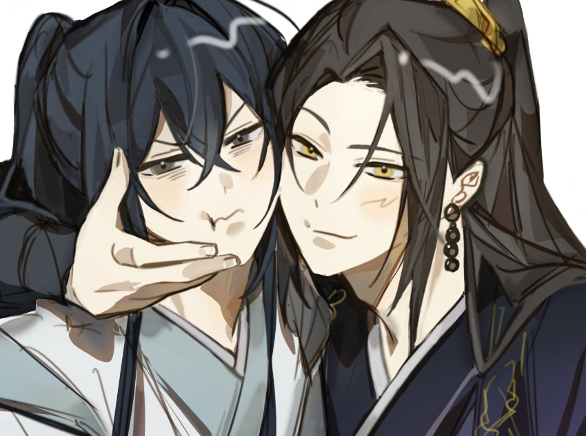 2boys, angry, black_hair, blush, bracer, brown_eyes, brown_hair, cheek-to-cheek, crossed_bangs, dangle_earrings, earrings, hair_between_eyes, hair_ornament, hands_on_another's_face, heads_together, high_ponytail, highres, jewelry, jinhongi, korean_clothes, long_hair, looking_at_viewer, mmm_29, multiple_boys, parted_hair, raised_eyebrow, seol_young, simple_background, smirk, white_background, yellow_eyes, zaha