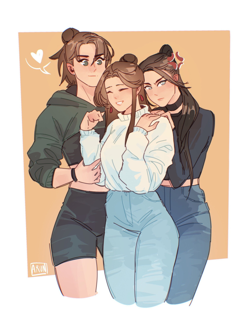 3girls, absurdres, anger_vein, artist_name, bbybluemochi, bike_shorts, black_choker, black_pants