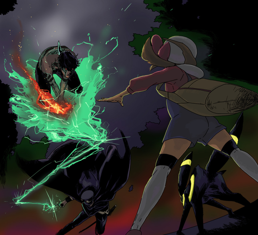 battle, black_hair, black_sclera, brown_hair, cabbie_hat, cape, crossover, devil_summoner, electricity, fire, furuna, glowing, glowing_eyes, gun, handgun, hat, hitoshura, kotone_(pokemon), kuzunoha_raidou, neon_trim, night, pokemon, pokemon_(game), pokemon_gsc, shin_megami_tensei, shin_megami_tensei_iii:_nocturne, sword, tattoo, thighhighs, topless, tree, twintails, umbreon, weapon