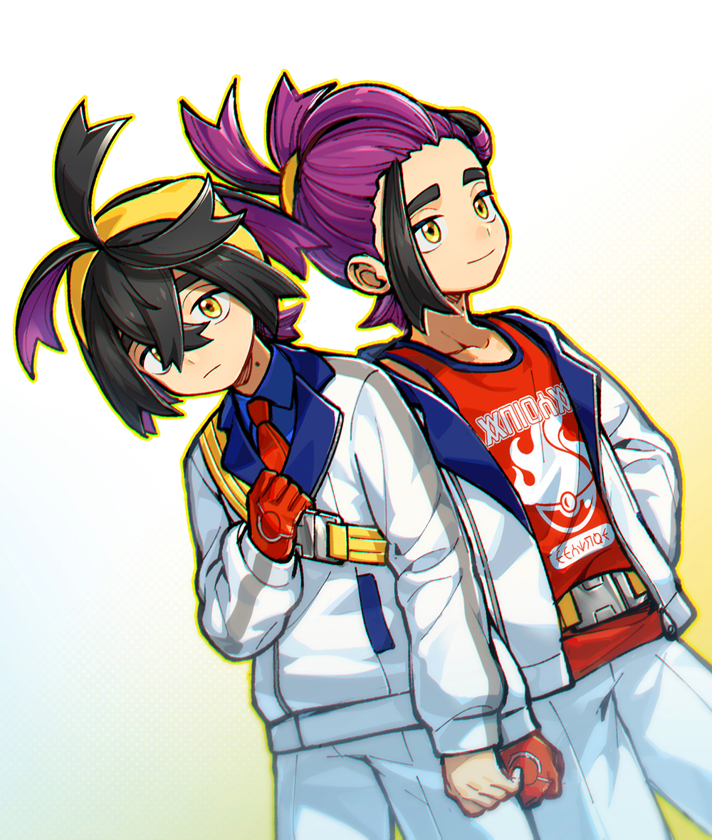 2boys, black_hair, blue_shirt, closed_mouth, collared_shirt, crossed_bangs, dual_persona, gloves