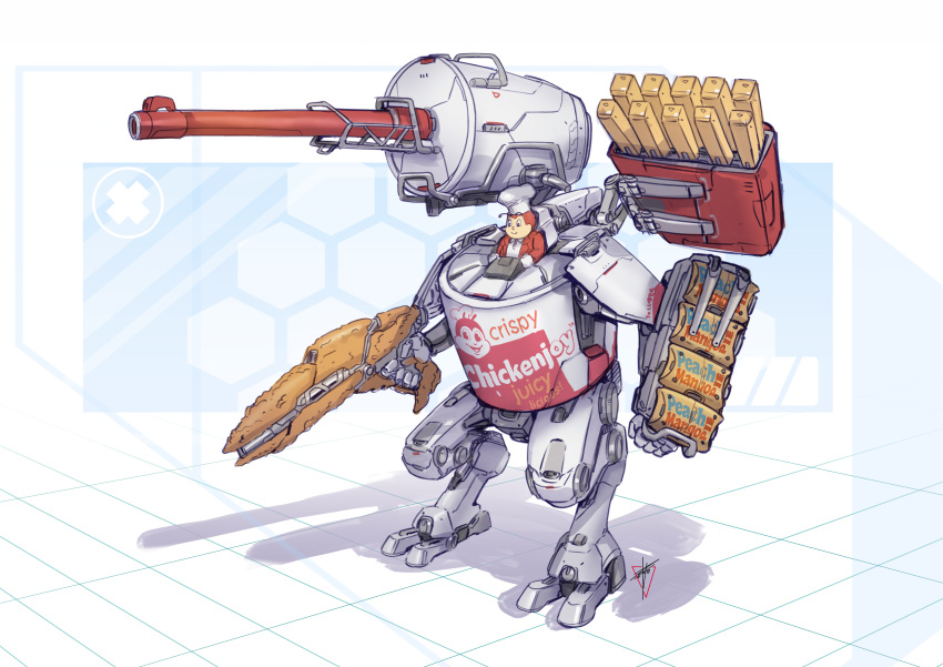 1boy, absurdres, chef_hat, eko999, energy_gun, english_text, food, food-themed_vehicle, french_fries, fried_chicken, grid_background, hat, highres, jollibee, jollibee_(mascot), juice, mecha, mecha_focus, plasma_rifle, robot, shadow, solo, weapon, white_background