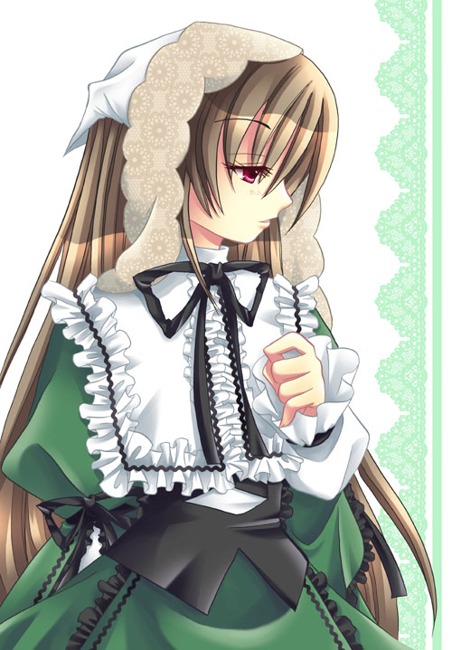 1girl, arm_behind_back, black_corset, black_ribbon, blush, brown_hair, collared_dress, commentary_request