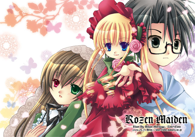 1boy, 2girls, black-framed_eyewear, black_hair, black_ribbon, blonde_hair, blue_eyes, blue_hoodie
