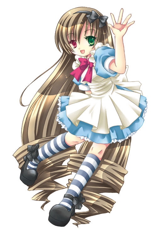 1girl, alice_(alice_in_wonderland), alice_(alice_in_wonderland)_(cosplay), alice_in_wonderland, alternate_costume, apron, arm_behind_back, black_bow