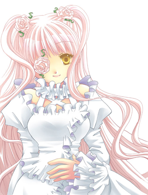 1girl, breasts, closed_mouth, commentary_request, fingernails, flower, flower_over_eye, frilled_shirt