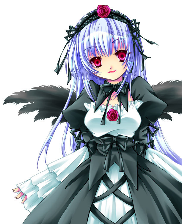 1girl, black_bow, black_bowtie, black_collar, black_dress, black_hairband, black_ribbon, black_wings