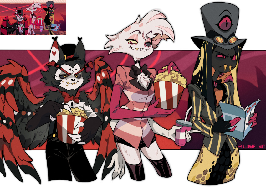 3boys, absurdres, angel_dust, artist_name, bags_under_eyes, black_choker, black_fur, black_gloves