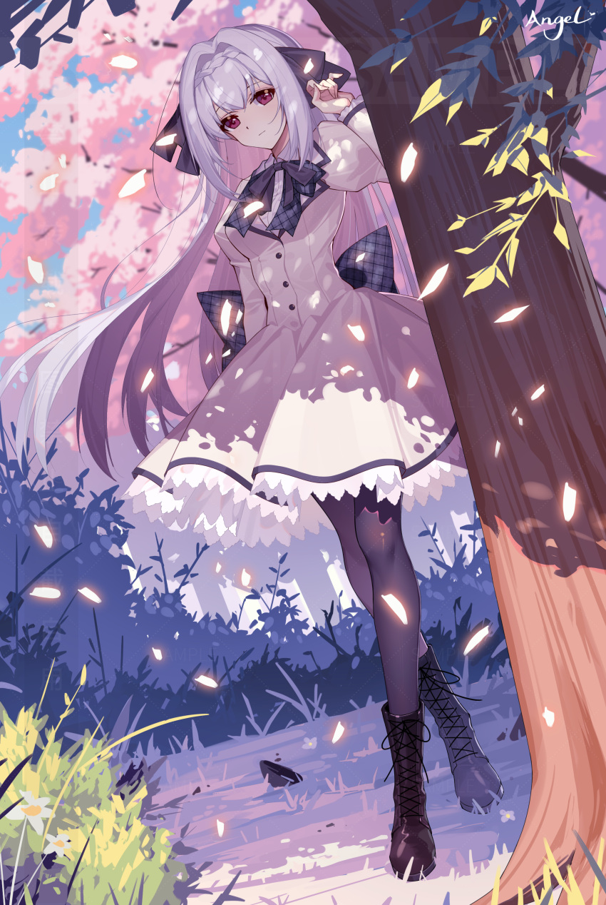1girl, absurdres, black_footwear, black_pantyhose, black_ribbon, bow, collared_shirt, dress, grass, grey_hair, hair_between_eyes, hair_bow, hair_ribbon, highres, lc_angel, long_hair, long_sleeves, looking_at_viewer, neck_ribbon, outdoors, pantyhose, red_eyes, ribbon, sakurakouji_luna, shirt, solo, standing, tree, tsuki_ni_yorisou_otome_no_sahou, very_long_hair, white_dress, white_shirt