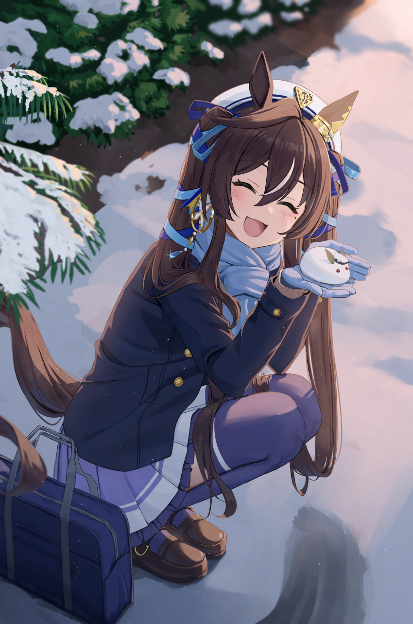 1girl, :3, absurdres, animal_ears, bag, blue_coat, blue_scarf, blush, brown_footwear, brown_hair, cidersour, closed_eyes, coat, commentary_request, ear_covers, gloves, hair_between_eyes, hair_ornament, highres, horse_ears, horse_girl, horse_tail, long_hair, multicolored_hair, open_mouth, outdoors, petticoat, pleated_skirt, purple_skirt, purple_thighhighs, scarf, school_bag, school_uniform, single_ear_cover, skirt, smile, snow, snow_rabbit, solo, squatting, streaked_hair, tail, thigh-highs, tracen_school_uniform, tracen_winter_coat, twintails, umamusume, very_long_hair, vivlos_(umamusume), white_hair, white_headwear, winter_clothes, winter_coat