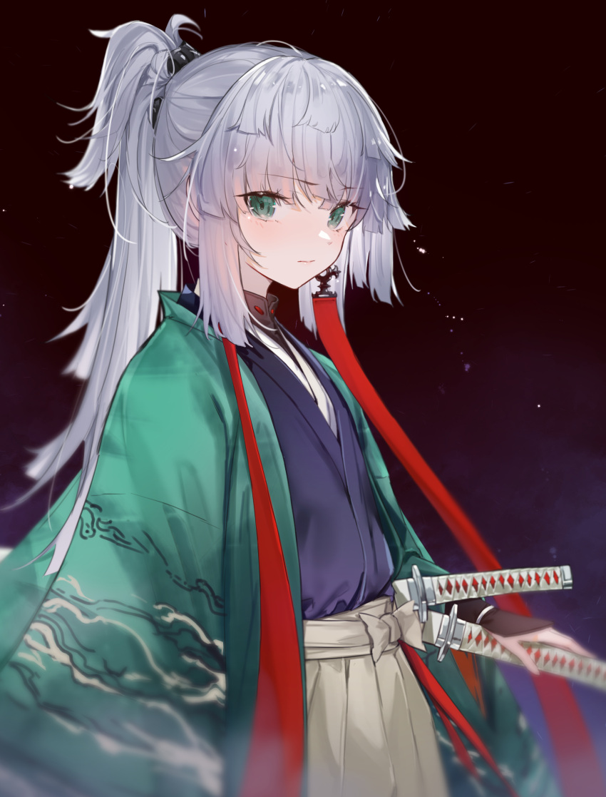 1girl, absurdres, aqua_hakama, aqua_kimono, black_kimono, braided_hair_rings, breasts, earrings