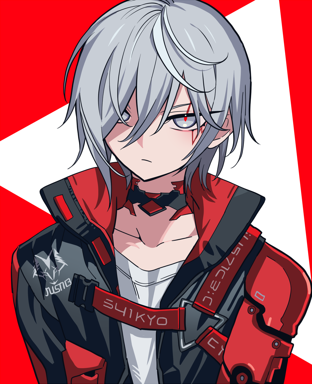 1boy, black_choker, black_jacket, choker, closed_mouth, commentary_request, expressionless, facial_tattoo