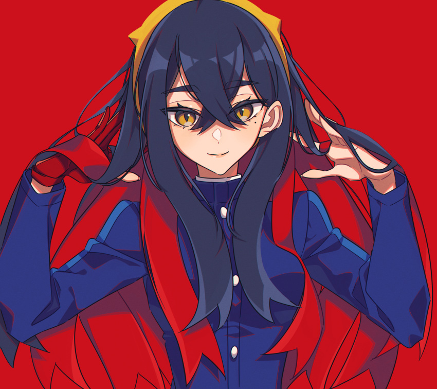1girl, black_hair, blue_gakuran, blueberry_academy_school_uniform, carmine_(pokemon), colored_inner_hair, crossed_bangs, gloves