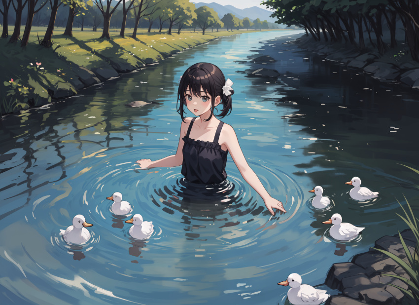 1girl, ai-generated, black_dress, black_hair, black_swimsuit, blue_eyes, cute, duck