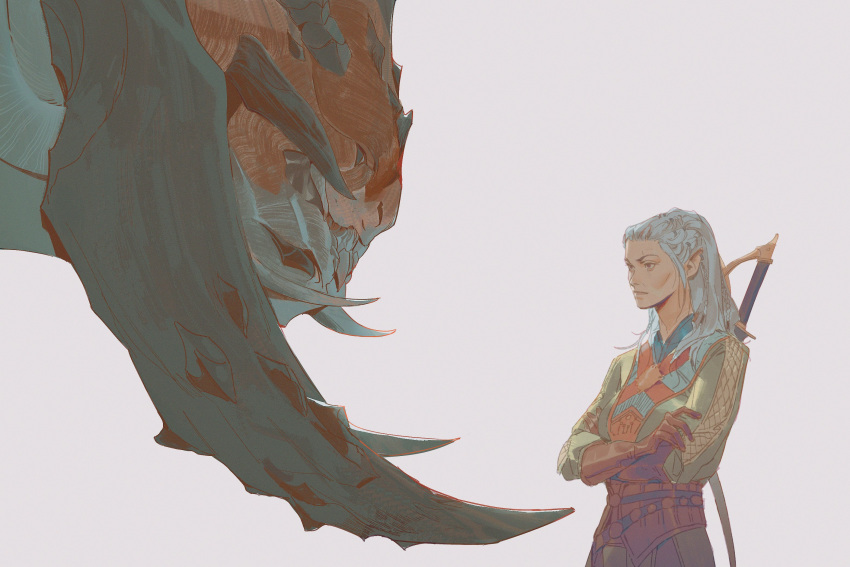 1girl, baldur's_gate, baldur's_gate_3, black_eyes, blue_shirt, braid, brown_gloves, commentary_request