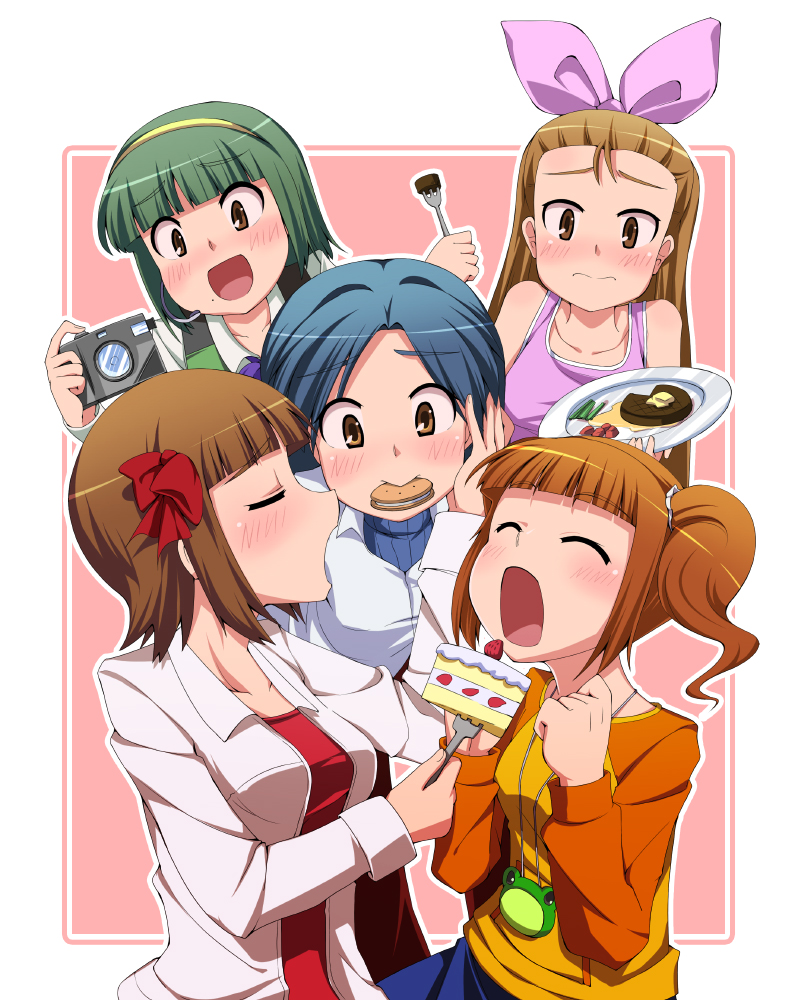 amami_haruka, blue_hair, blush, bon_(moegomi), brown_eyes, brown_hair, cake, camera