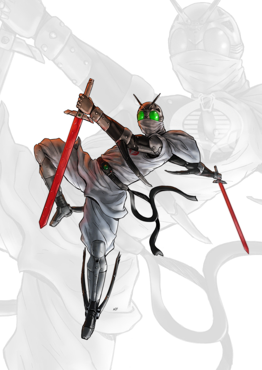 1boy, adi_(adivider), alternate_costume, antennae, cobra_command, cosplay, cyborg, dual_wielding, g.i._joe, green_eyes, highres, holding, kamen_rider, kamen_rider_black_(series), male_focus, mask, mouth_mask, ninja, ninja_mask, pun, reverse_grip, satan_saber, shadow_moon, spiked_arm, spikes, standing, standing_on_one_leg, storm_shadow, storm_shadow_(cosplay), white_background, zoom_layer