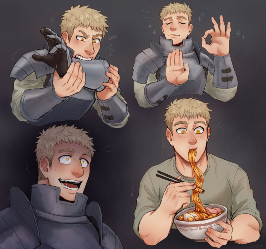1boy, absurdres, armor, biting, blonde_hair, closed_eyes, collage, crazy_eyes