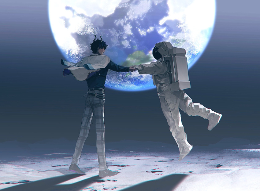 1boy, 1other, astronaut, belt, black_belt, black_hair, black_horns, blue_shirt, earth_(planet), full_body, grey_pants, highres, holding_hands, horns, jacket, jacket_on_shoulders, loafers, long_sleeves, male_focus, ne2_(renznyanya), nijisanji, nijisanji_en, on_moon, pants, plaid, plaid_pants, planet, ren_zotto, shirt, shoes, standing, virtual_youtuber, white_jacket