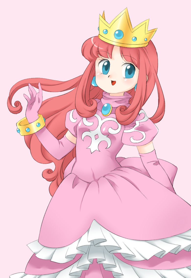 1girl, :d, blue_eyes, bracelet, breasts, brooch, crown, dress