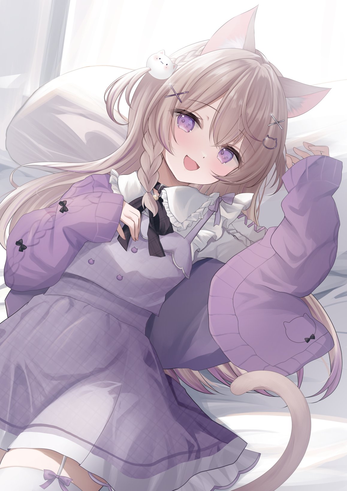 1girl, animal_ears, blush, brown_hair, cardigan, cat_ears, cat_girl, cat_tail