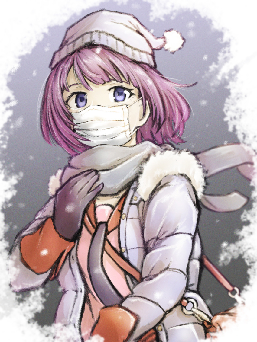 1girl, bag, beanie, blue_eyes, collared_shirt, eyelashes, fur_trim, gloves