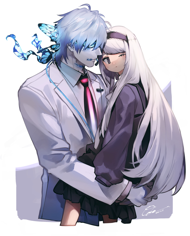 1boy, 1girl, black_eyes, blindfold, carrying, carrying_person, closed_mouth, commentary_request